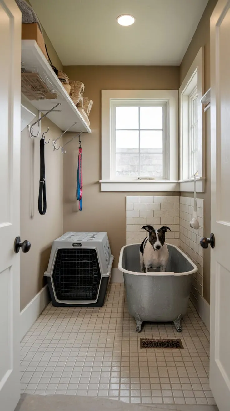 Conveniently located dog wash station in a small utility room offers a dedicated space for pet grooming.