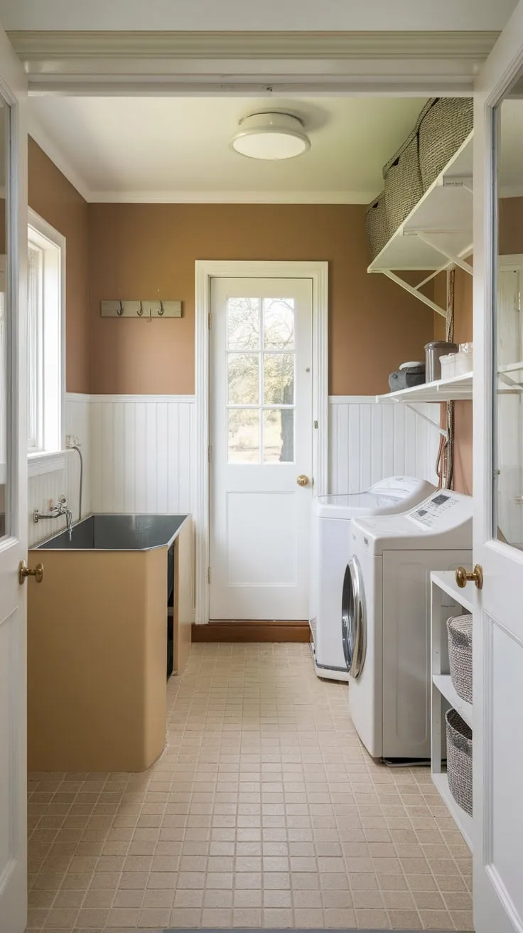 Beige and white tiles, a window, and convenient storage create a practical and stylish utility room perfect for both laundry and pampering your furry friend.