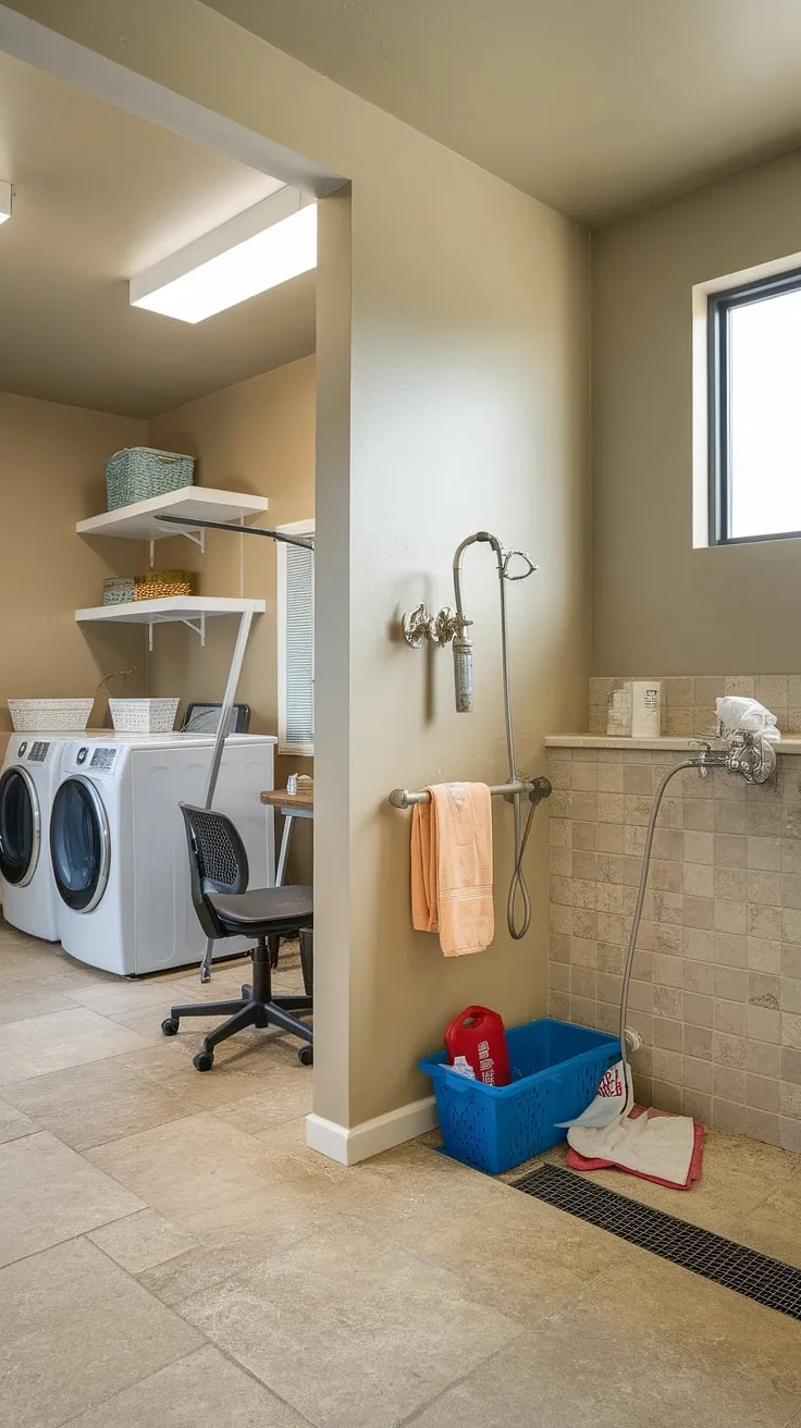 This pet-friendly utility space seamlessly blends laundry day with dog wash day!  The dedicated dog washing station, complete with hose and shampoo, makes bath time a breeze, while the nearby pet grooming area ensures a pampered experience from start to finish. This utility room with dog wash is the ultimate in convenient pet care.