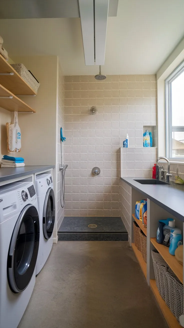 Upgrade your home with a modern utility room featuring a convenient dog wash station, laundry facilities, and ample storage.