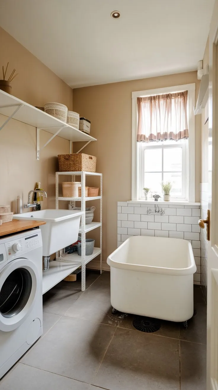 Upgrade your pet pampering with a stylish utility room featuring a dog wash tub, laundry, and ample storage.