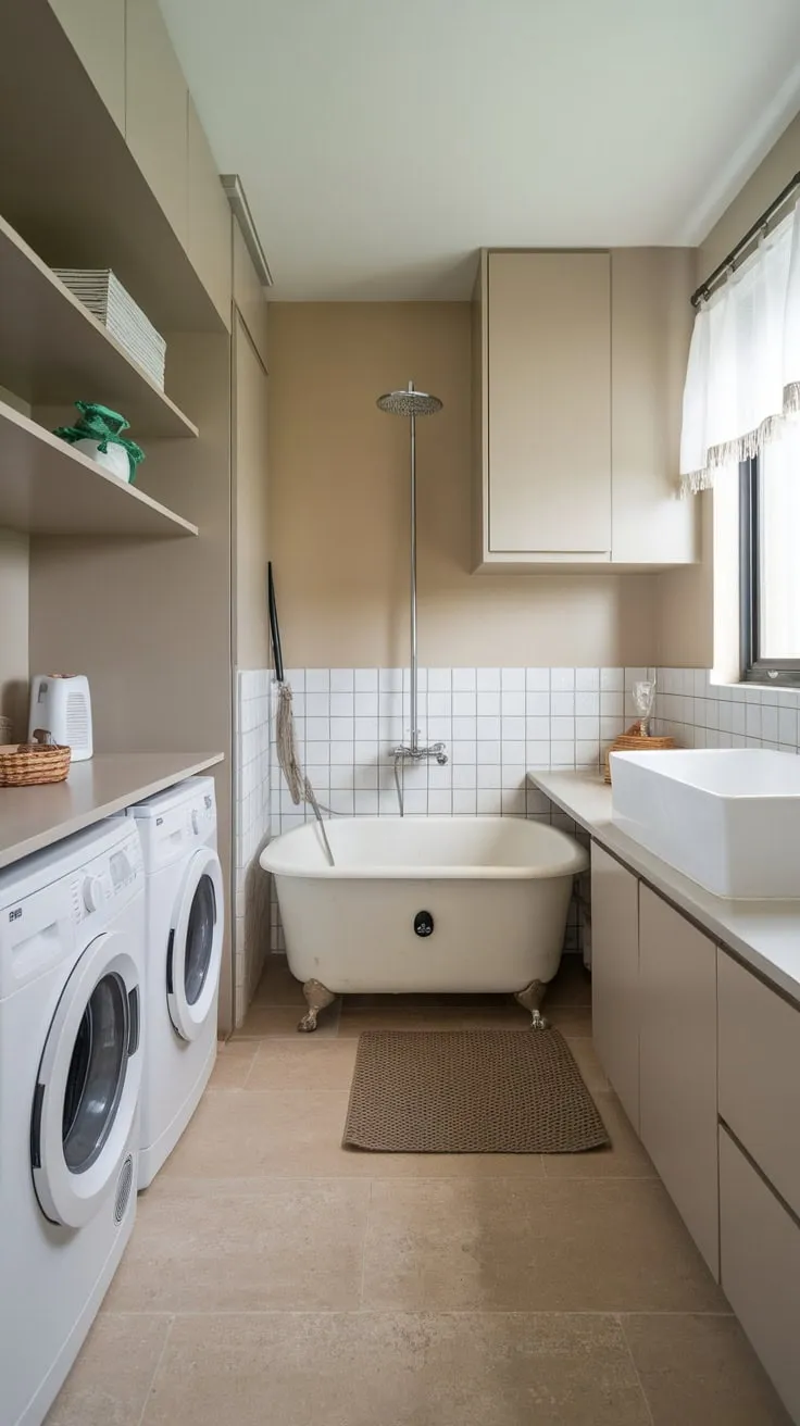 A modern utility room seamlessly integrates laundry with a convenient dog wash station, complete with tub, shower, and stylish storage.