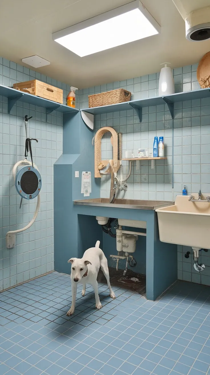Say goodbye to muddy paws and hello to a sparkling clean pup!  This laundry room with dog wash boasts a dedicated dog washing station, a home pet wash area designed for ultimate convenience and a utility space for pets, making this pet care utility room a must-have.