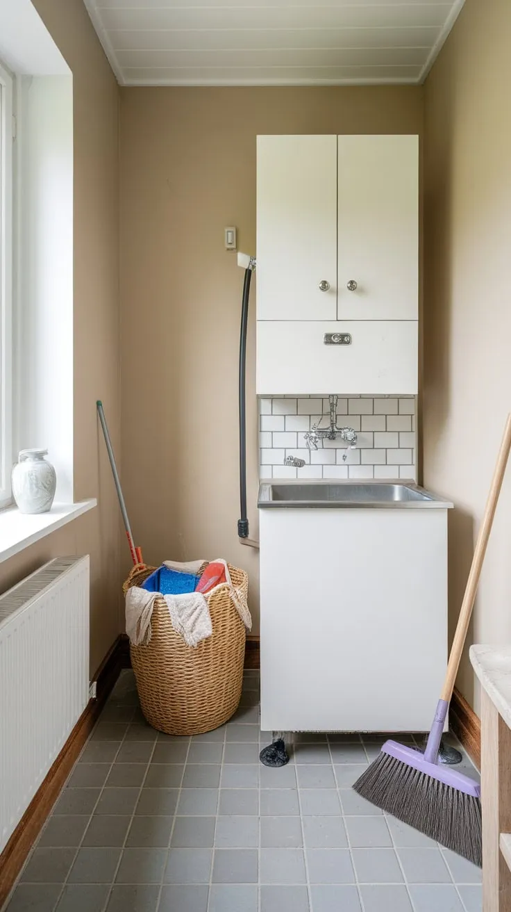 A small, efficient utility room features a dedicated dog wash station, complete with basin, laundry, and tiled floor for easy cleanup