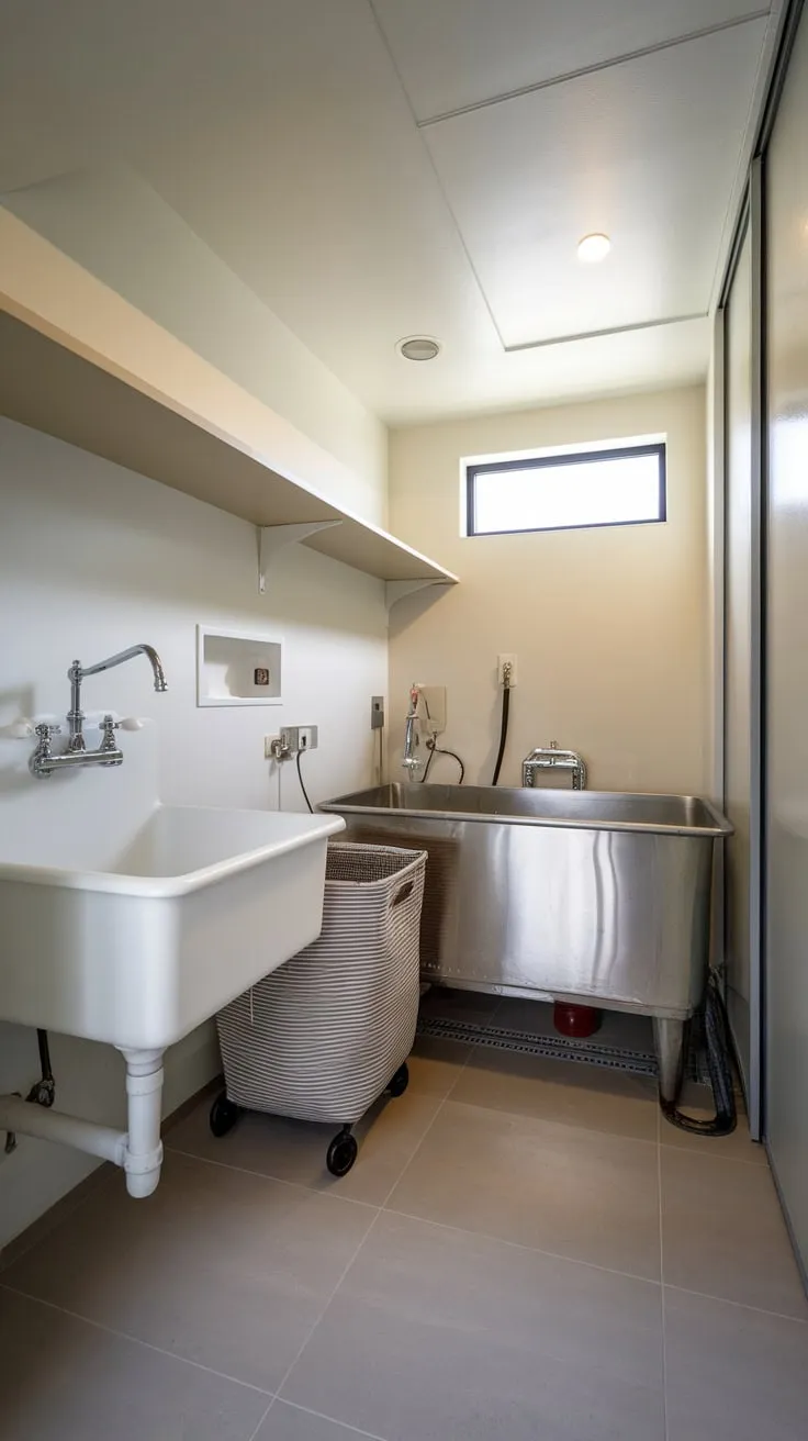 Upgrade your pet care routine with a stylish utility room featuring a convenient dog wash tub and practical laundry amenities.
