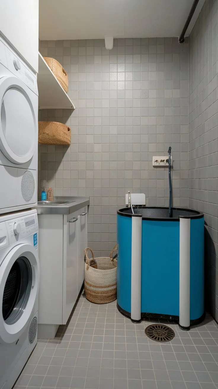 A small, stylish utility room combines laundry essentials with a dedicated dog wash station for ultimate pet and home convenience