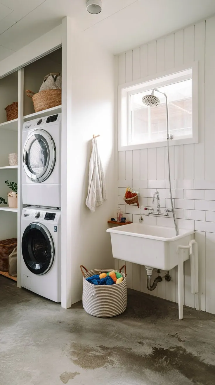 A modern mudroom's utility room features a convenient dog wash station complete with a dedicated sink and shower head alongside laundry facilities