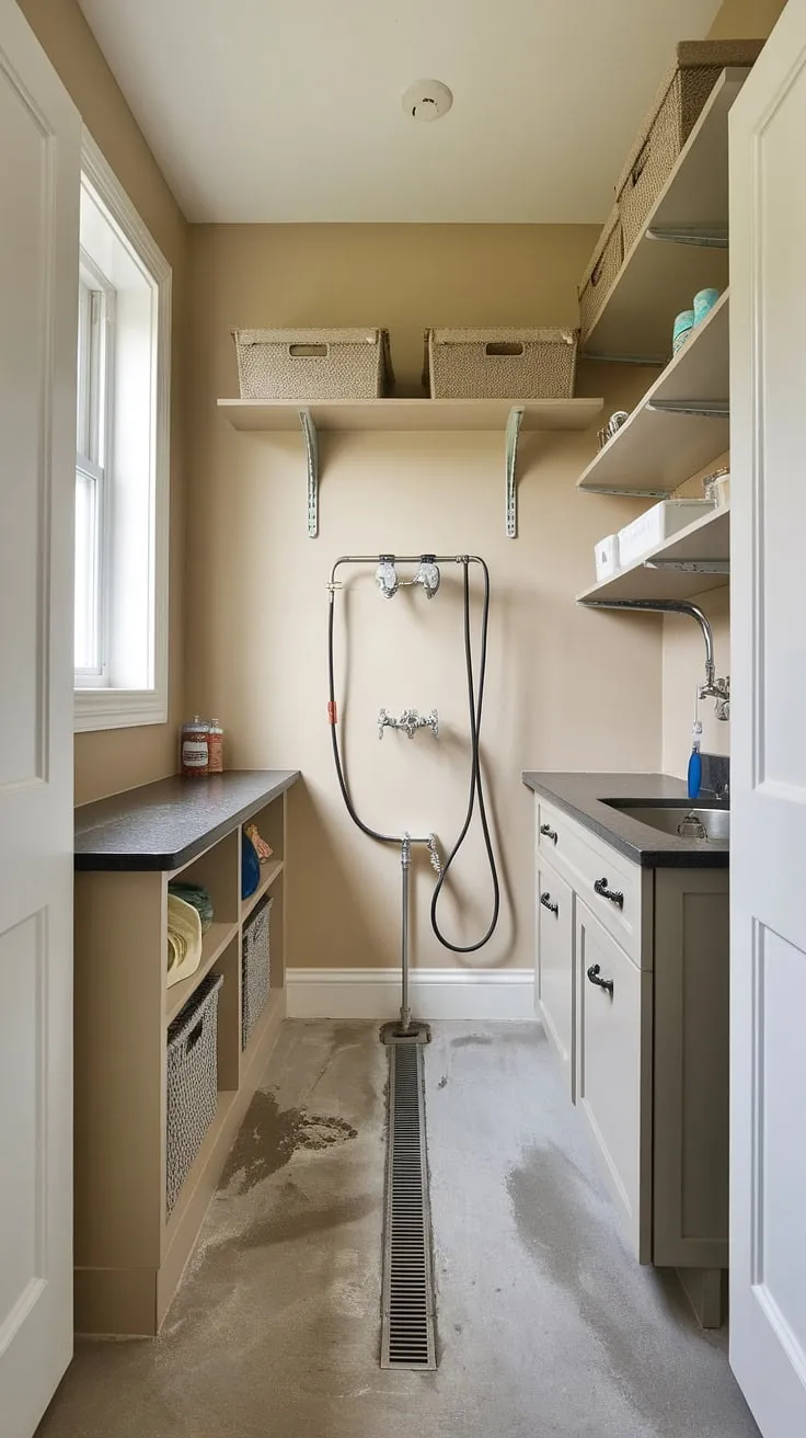 Say goodbye to muddy paws and hello to a sparkling clean pup! This utility room with dog wash boasts a dedicated dog washing station and pet grooming area, seamlessly integrated into a practical laundry room with dog wash.  The pet care utility room offers a convenient utility space for pets, making this home pet wash area a must-have for every pet parent.