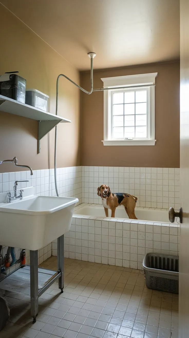 This pet-friendly utility space transforms laundry day into a spa day!  Our dedicated dog wash station, complete with tub, sink, and even a ceiling hose, makes cleaning Fido a breeze.  This utility room with dog wash is the ultimate home pet wash area, a convenient and efficient dog bathing station for happy, clean pups.