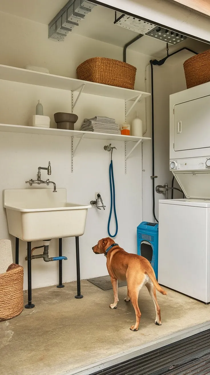 No more muddy paw prints tracking through the house! This utility room with dog wash boasts a dedicated dog bathing station, making cleanup a simple process.  This laundry room with dog wash is the ultimate pet-friendly utility space, a thoughtfully designed home pet wash area and a truly functional dog washing station.