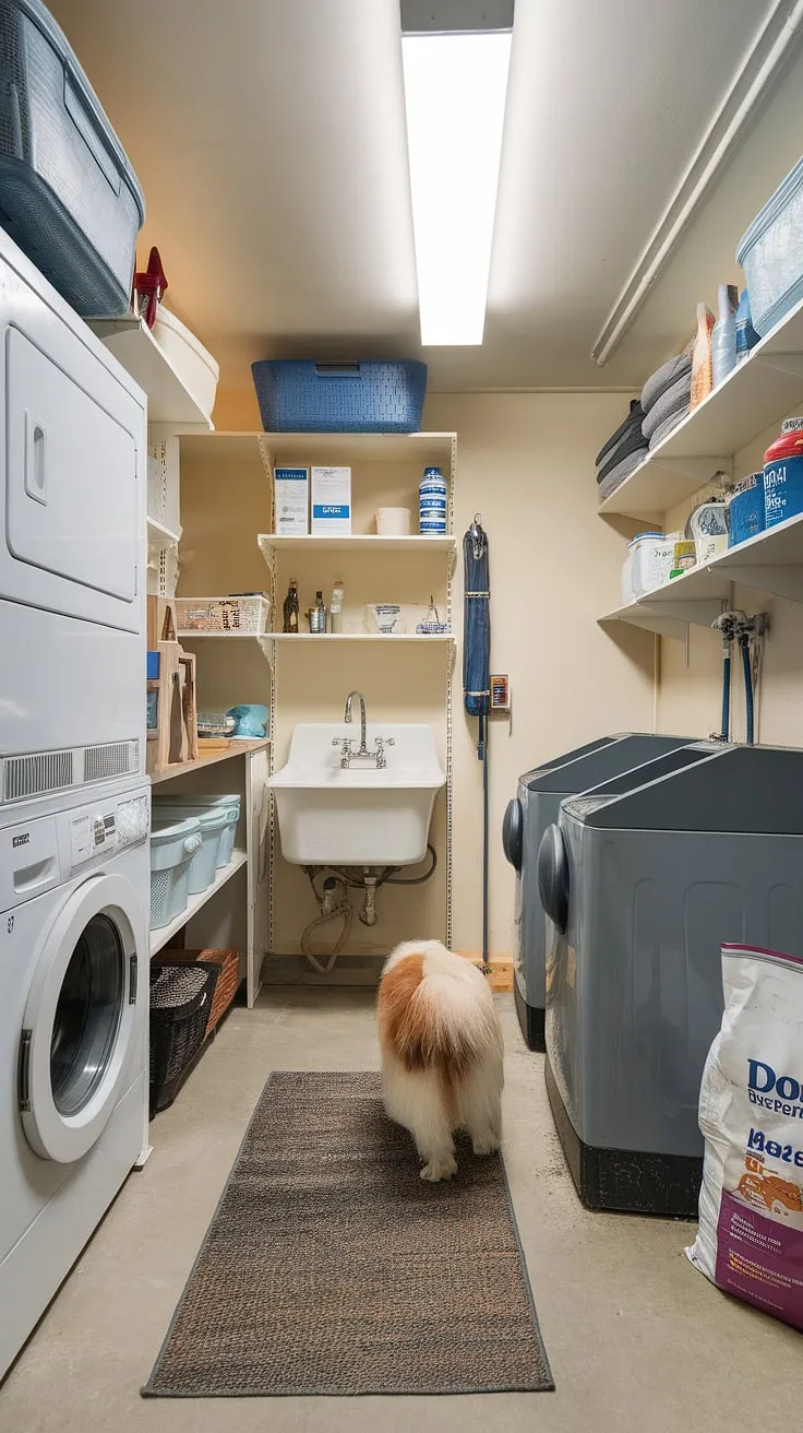 This pet-friendly utility space seamlessly blends laundry day with dog wash day!  The dedicated dog washing station, complete with a sink and ample storage, makes bath time a breeze.  A true home pet wash area, this utility room with dog wash is the ultimate convenience for pet owners.