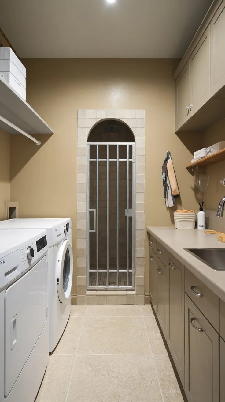 A bright, efficiently designed utility room features a built-in dog wash station alongside laundry and ample storage