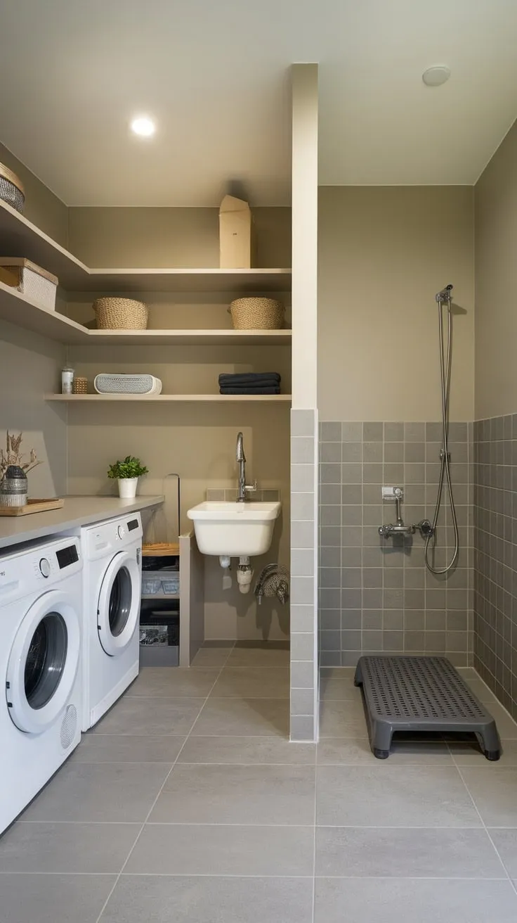 Upgrade your home with a stylish utility room featuring integrated dog-washing facilities, combining laundry, storage, and pet pampering in one convenient space