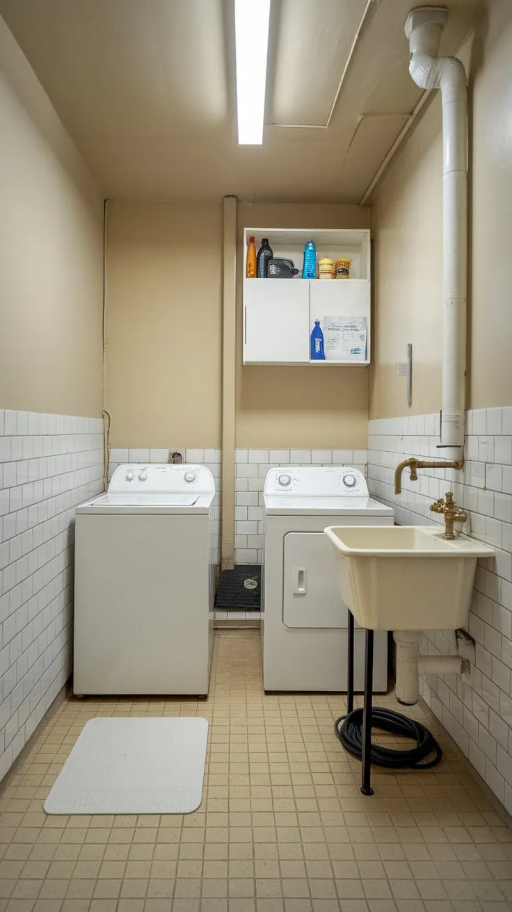 Clean white walls and a beige tile floor enhance the practicality of this small space with its dedicated dog-washing area.