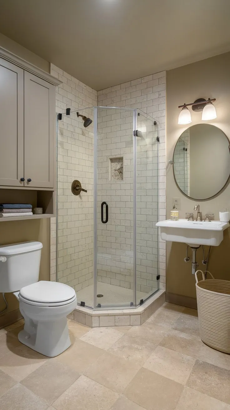 A functional basement utility room features a shower, toilet, and sink, complete with cabinets and laundry amenities.