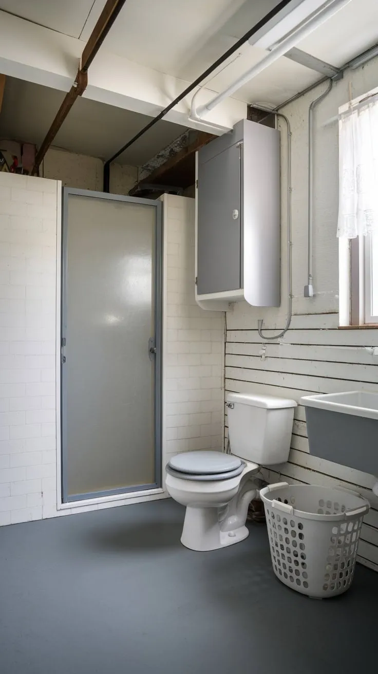 A stylish yet practical basement utility room combines a shower and toilet with laundry amenities within a minimalist gray and white palette.