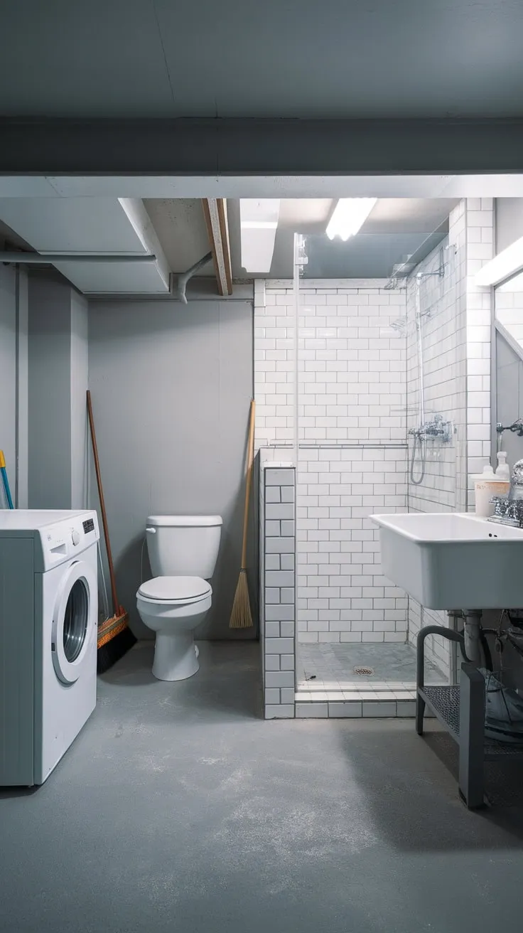 Grey walls and a concrete floor enhance the practicality of this efficient space.