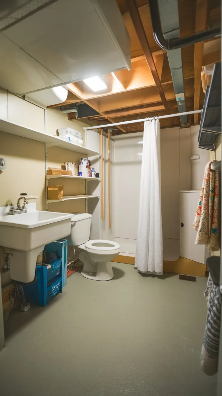 A well-lit basement utility room combines practicality and hygiene featuring a shower toilet and storage space for added convenience
