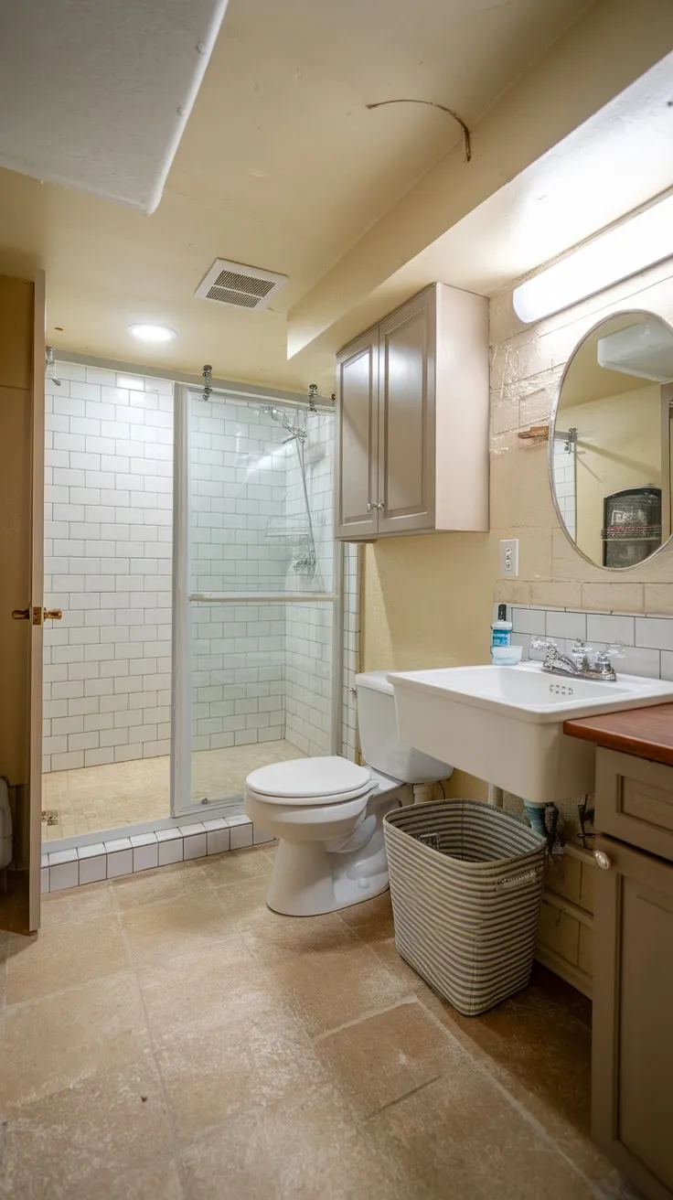 A bright basement utility room boasts a shower, toilet, and laundry facilities, all tiled in beige for practical elegance