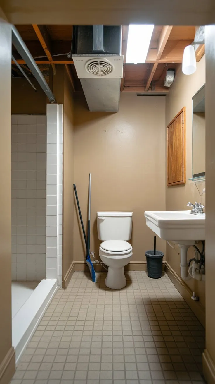 Beige-walled and tiled, this basement utility room combines functionality with a dedicated toilet and shower for added convenience.