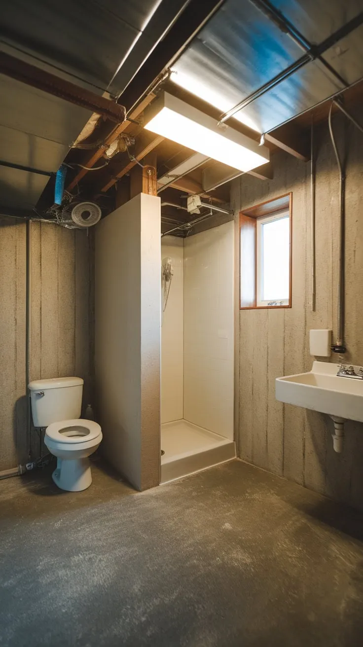 A functional basement utility room includes a partially-walled toilet alongside a shower and sink, illuminated by an overhead light and enhanced by a window near the shower.