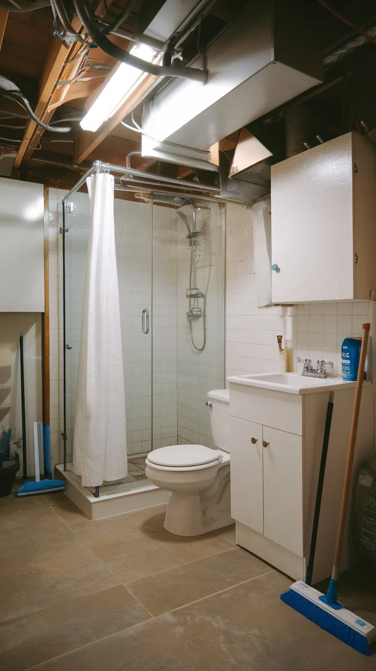 A tiled basement utility room offers a practical shower and toilet alongside space for cleaning supplies.