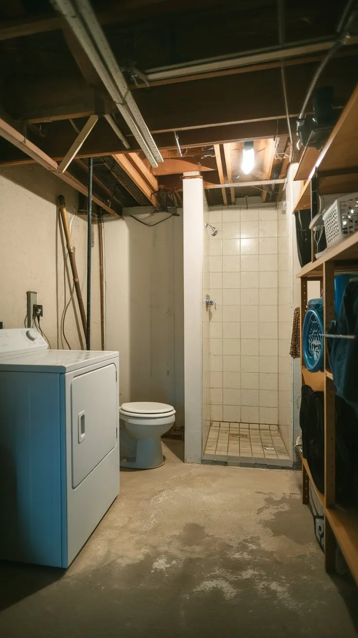 A concrete basement utility room provides essential laundry and bathroom facilities, featuring a washing machine, dryer, toilet, and shower in a dimly lit setting.
