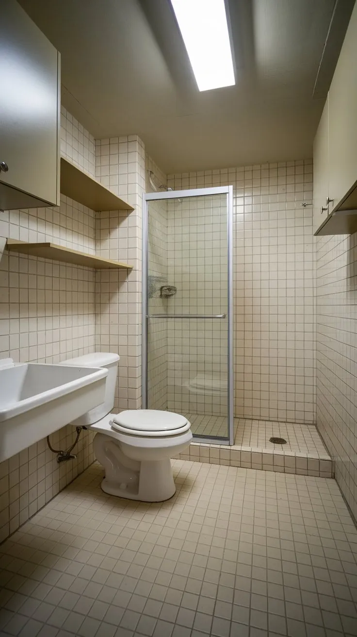 Brightly lit and efficiently designed, this utility room includes a shower, toilet, and sink within a beige-tiled space.