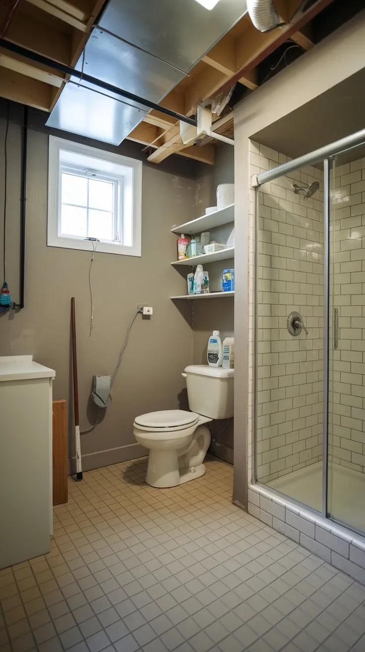 A functional basement utility room boasts a toilet and shower, offering convenient cleanup alongside storage for tools and supplies