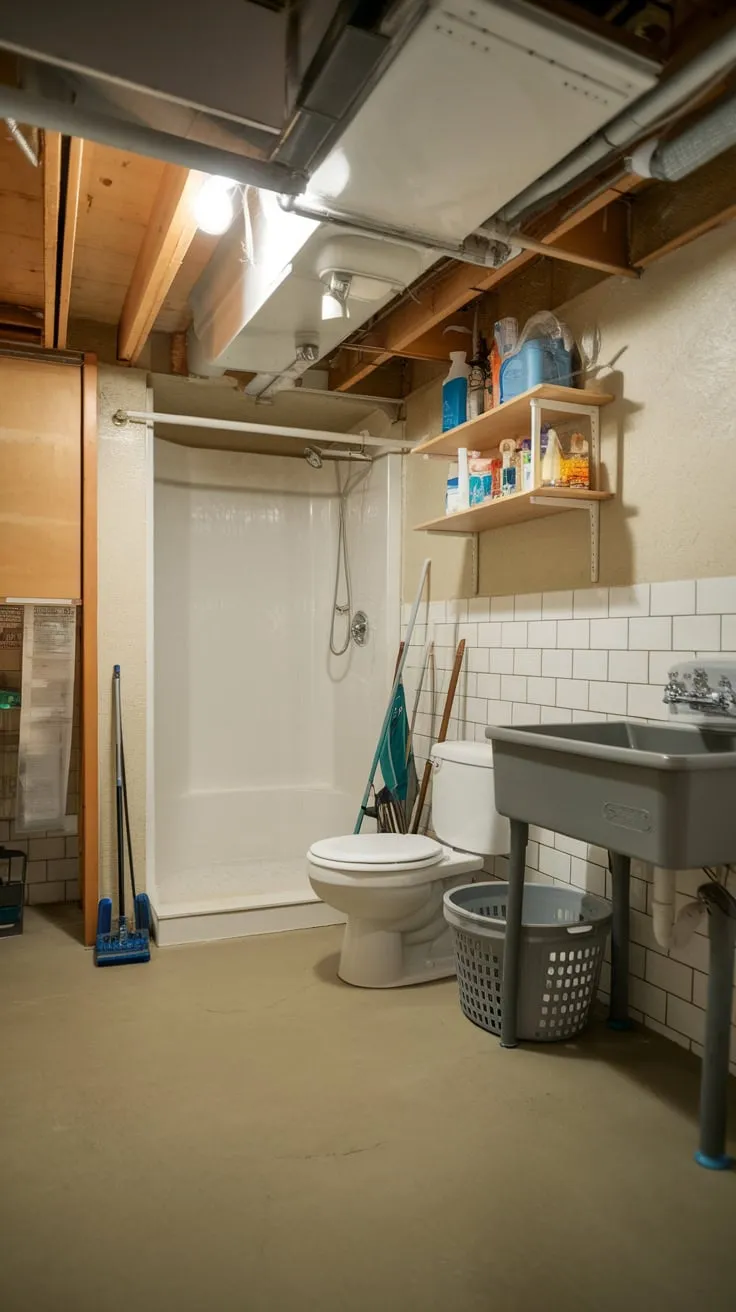 A practical basement utility room combines laundry, cleaning, and a convenient toilet and shower for added convenience