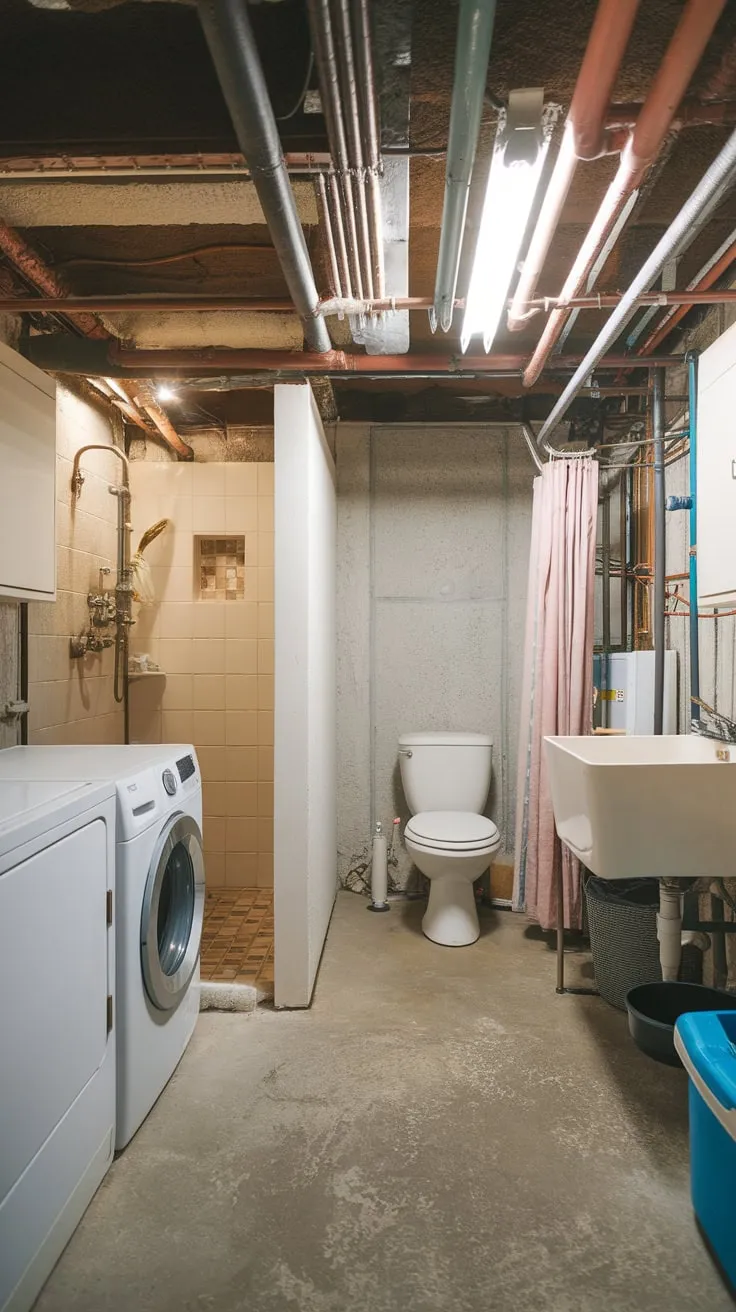 A practical basement utility room features a toilet and shower alongside laundry facilities, all within a raw, exposed-pipe setting.