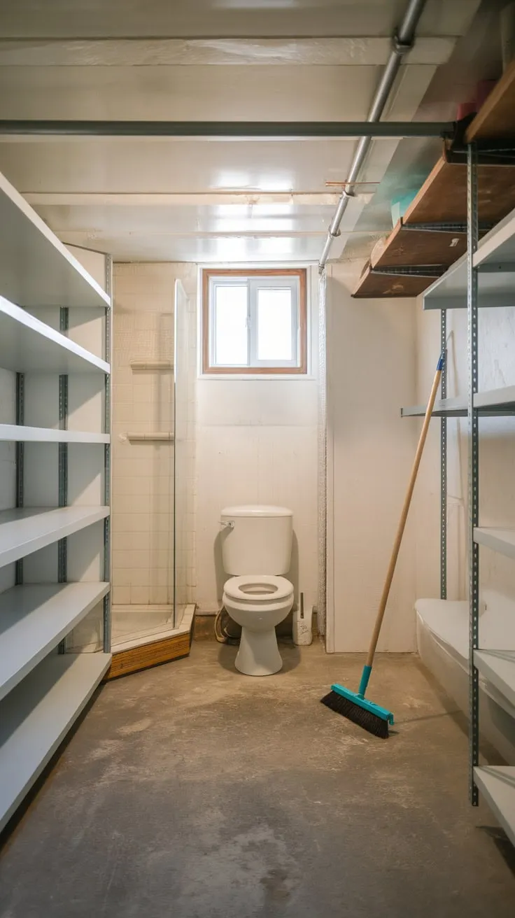 Clean and well-maintained, this basement utility room combines practicality with a surprisingly comfortable bathroom area.