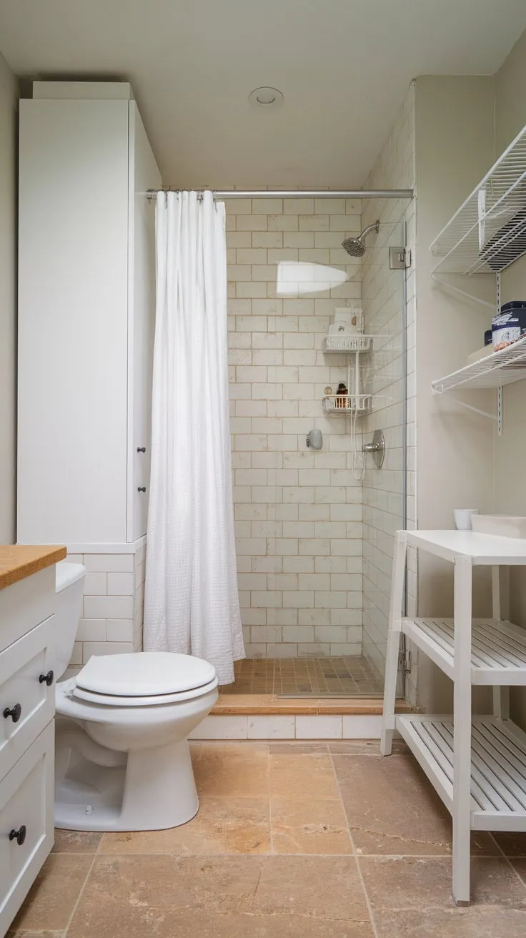 A pristine white utility room, complete with shower and toilet, offers efficient, clean functionality.