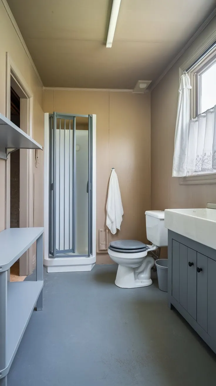 A serene grey and white utility room offers convenient shower and toilet facilities, enhanced by thoughtful storage and natural light.
