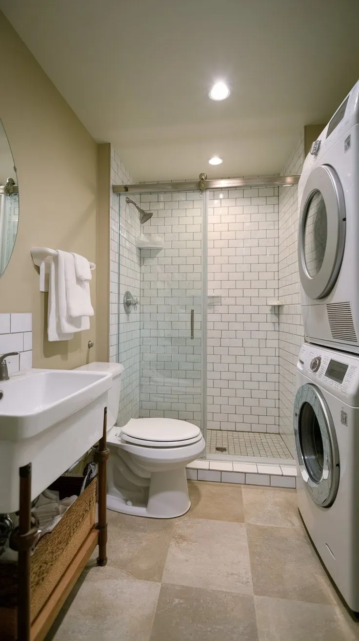 A tiled basement utility room offers a shower, toilet, and laundry hookups, creating a functional and efficient space.