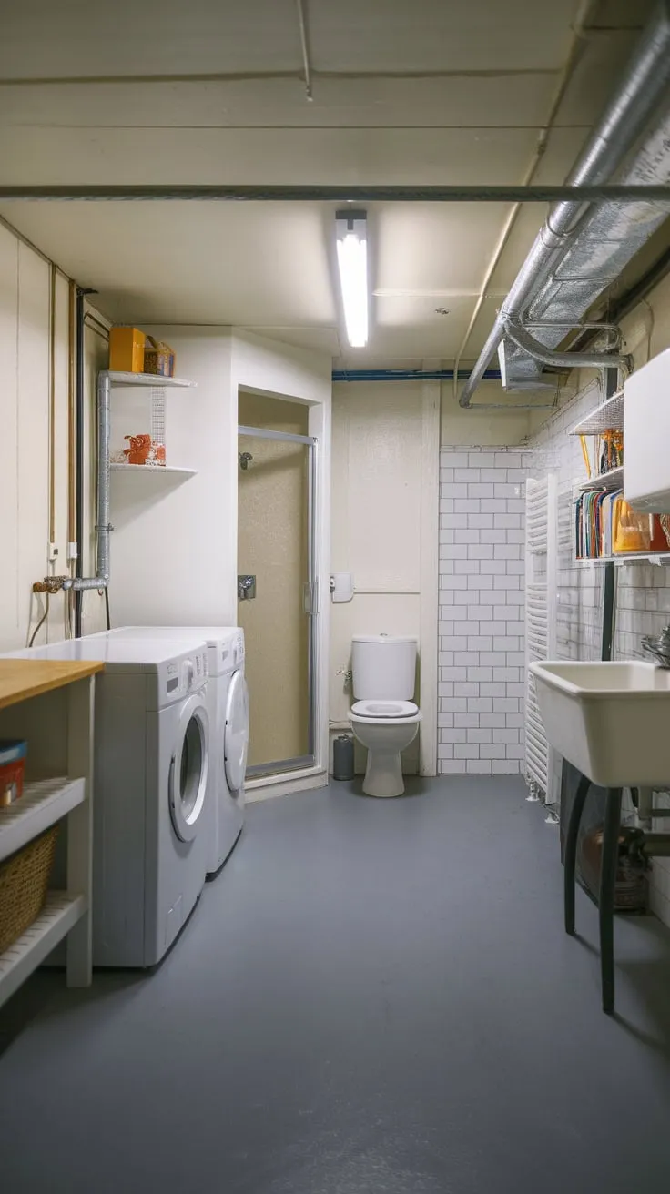 A well-lit basement utility room offers a practical combination of laundry facilities and a private bathroom.