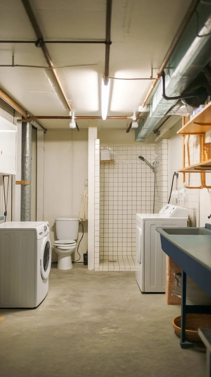A white-walled basement utility room offers laundry facilities, a sink, and private bathroom amenities in a well-lit concrete space.