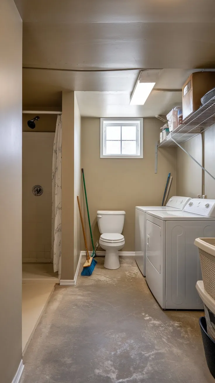 A high-ceilinged basement utility room with washer, dryer, shower, and toilet offers functional convenience in a surprisingly spacious beige-painted space