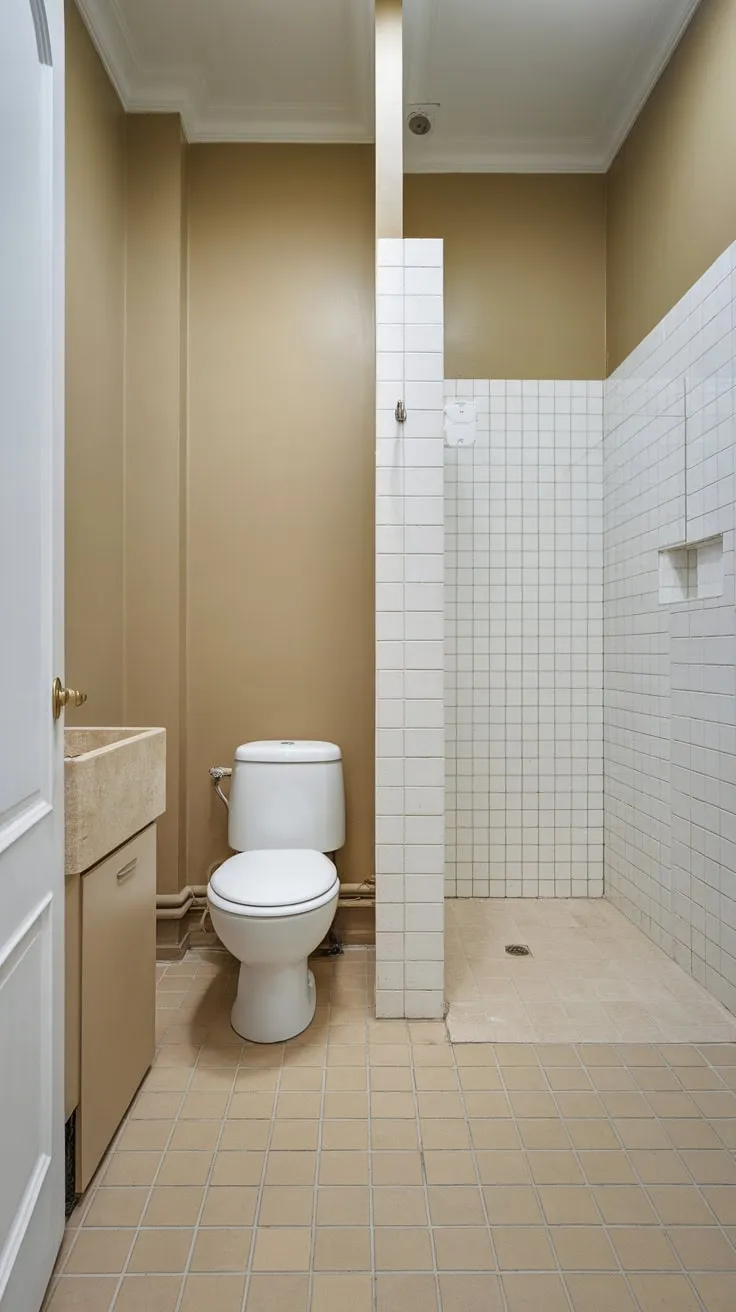 A simple yet functional utility room boasts a shower, toilet, and sink, all in calming beige and white tones.