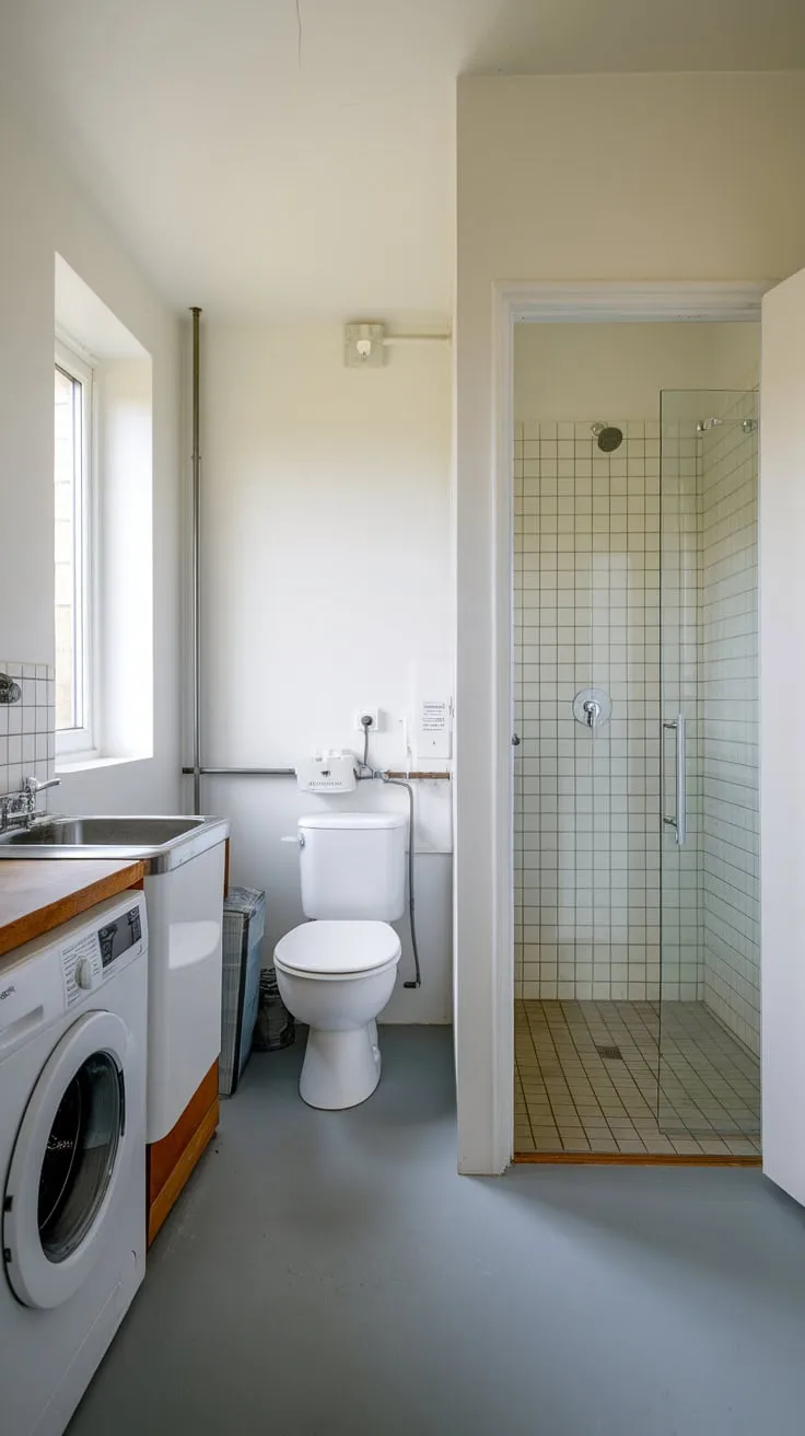 A bright utility room with washer, dryer, sink, and toilet adjoins a tiled shower room for ultimate convenience