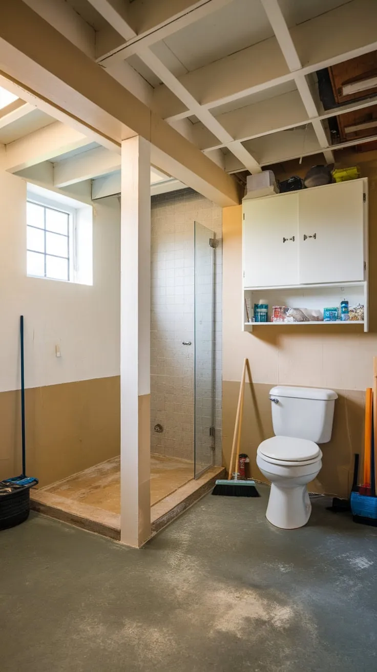 A functional basement utility room combines practicality with a toilet and shower, offering convenient access to cleaning supplies and tools.
