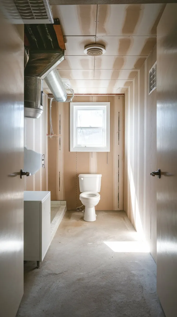 A bright, finished basement utility room boasts a toilet and shower, enhanced by natural light and practical storage.