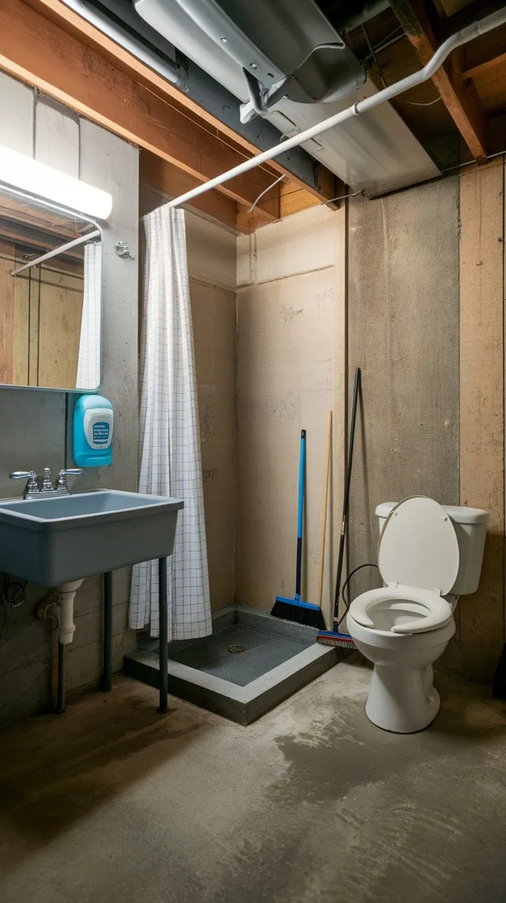 A rugged basement utility room combines essential bathroom fixtures with cleaning supplies in a concrete-walled space.