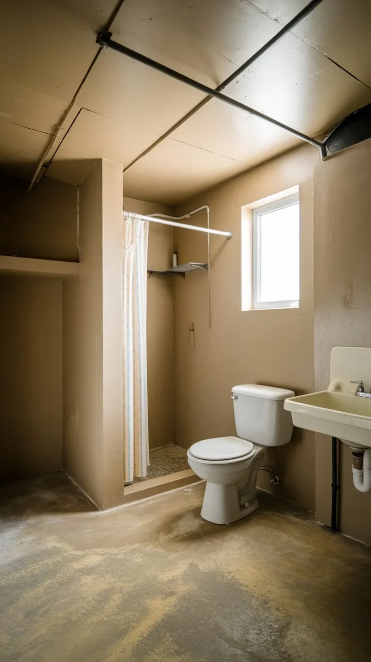 A beige basement utility room offers practical convenience with a toilet, sink, and shower enclosed by a curtain, all grounded by a concrete floor and brightened by a window.