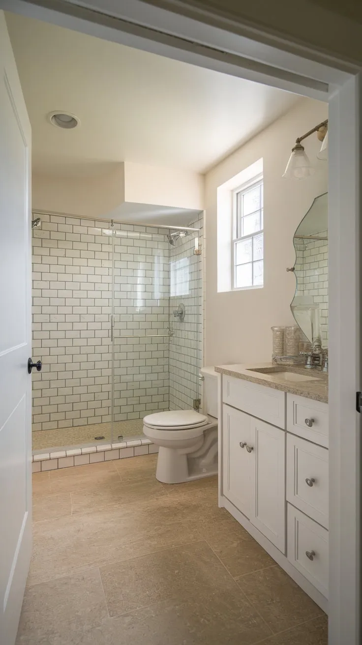 Convenient basement utility room with shower, toilet, and storage, perfect for quick clean-ups.