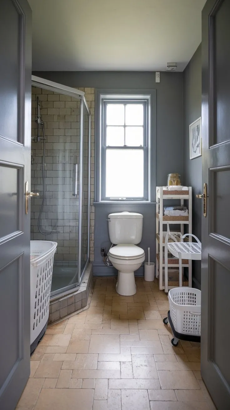 A practical utility room featuring a shower and toilet boasts a clean aesthetic with beige tile, grey walls, and crisp white fixtures.