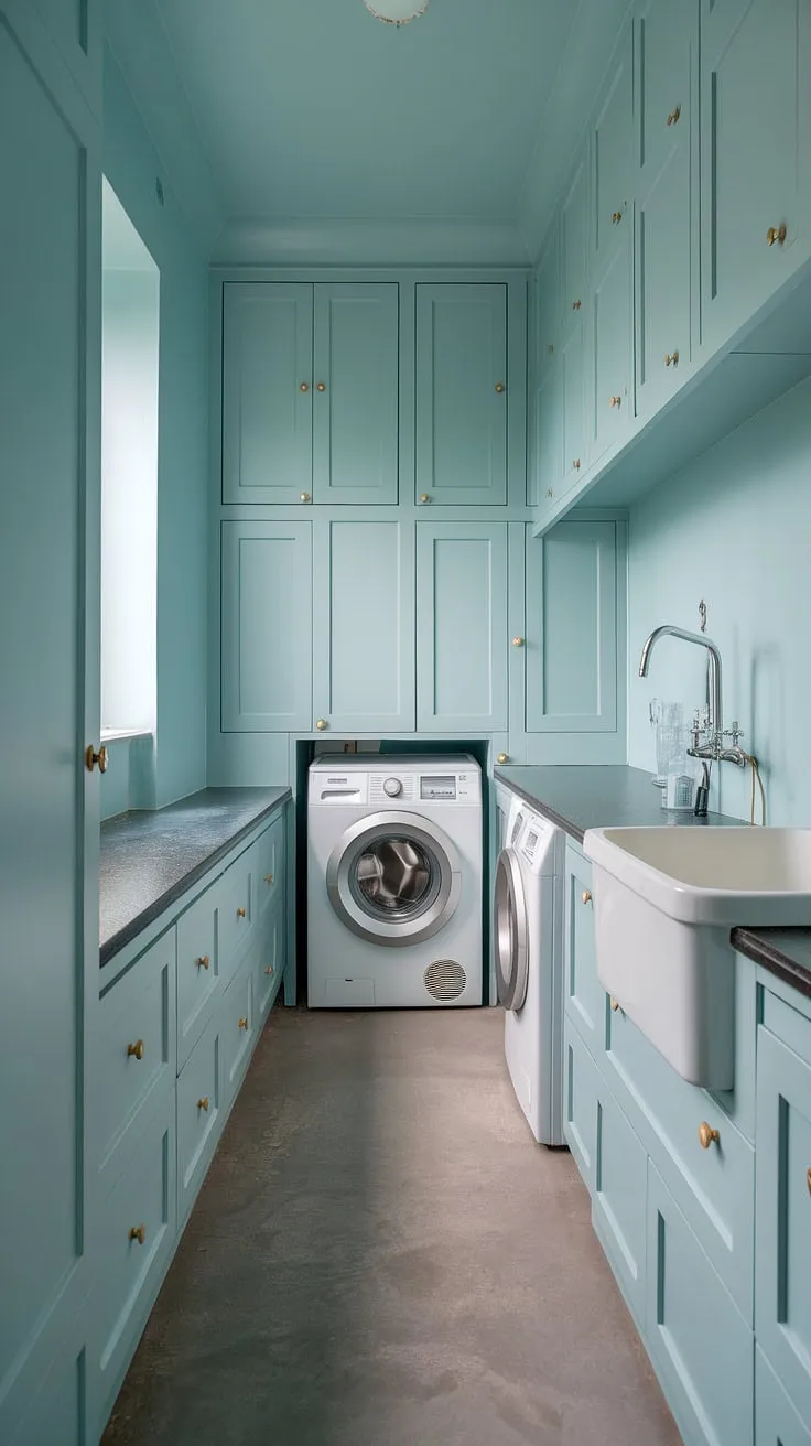 This stylish laundry room proves that even a narrow space can be a dream laundry room.  Clever laundry room layouts and a thoughtful renovation transformed this garage laundry into a modern marvel, complete with ample storage and a calming blue hue.