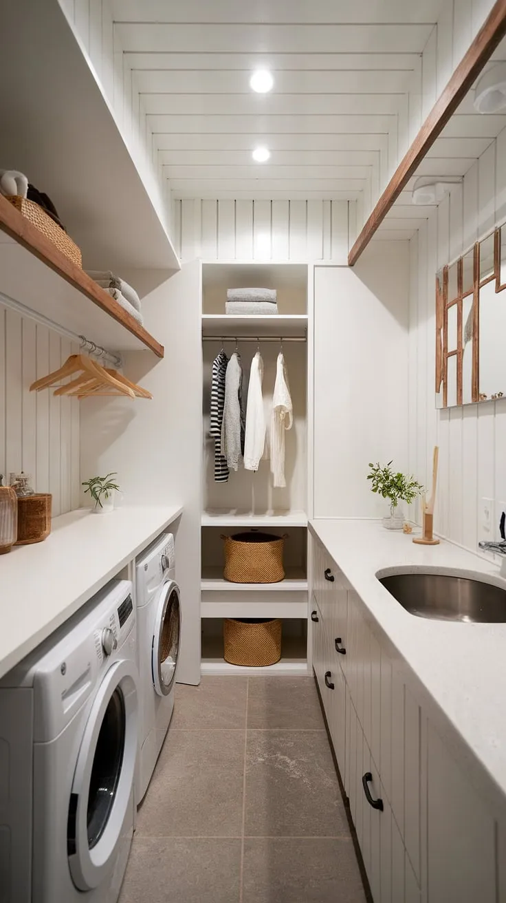 This narrow laundry room proves that even limited space can be transformed into a stylish and functional dream laundry room.  Clever laundry room layouts and a thoughtful renovation have created a bright, modern space perfect for a garage laundry or any home.