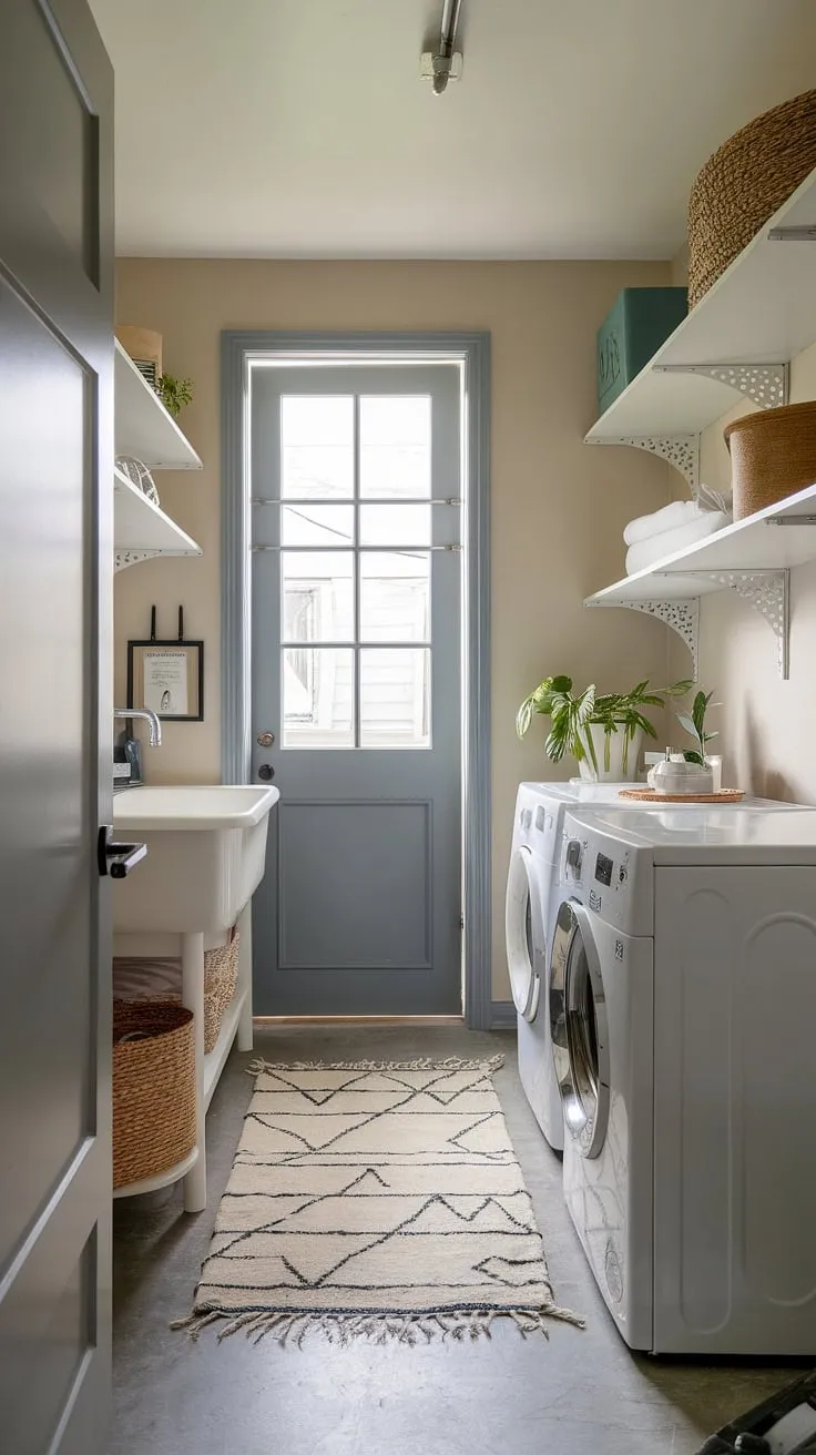 Maximize your space with this dream laundry room design!  This narrow laundry room showcases how a laundry room renovation can create a stylish laundry room, even in a compact utility room.  Explore these inspiring laundry room layouts for your own garage laundry or small space transformation.