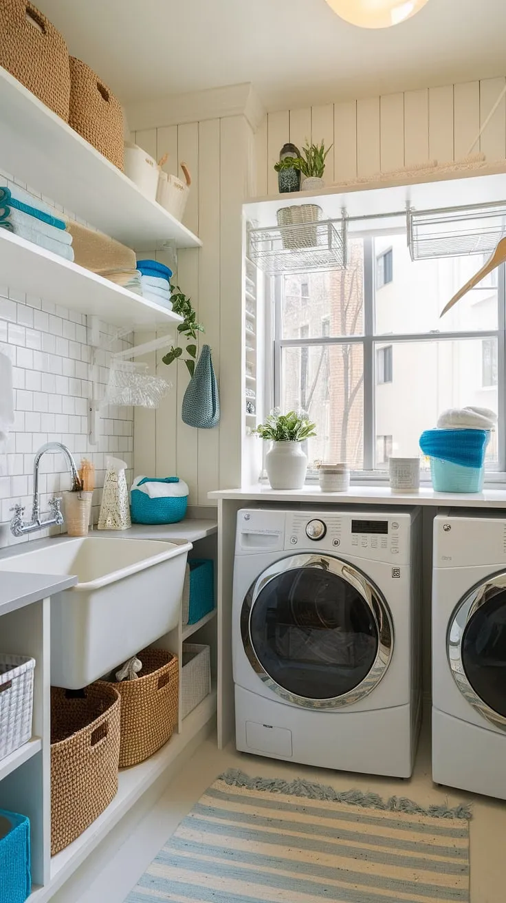 Transforming a narrow laundry room into a dream laundry room doesn't require sacrificing style. This modern laundry room layout proves that even a compact utility room can be both functional and chic, showcasing clever storage solutions and a calming color palette.  Consider this inspiration for your next laundry room renovation, whether it's a garage laundry or a dedicated space.